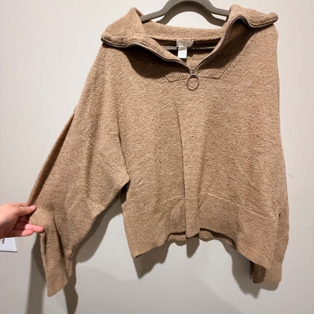 HM Quarter Zip Sweater Women XL Tan Oversized Soft Minimalist Old Money